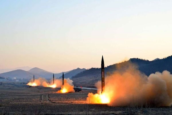 Launch of four ballistic missiles by the Korean People's Army during a military drill at an undisclosed location in North Korea on March 7, 2017. PHOTO | AFP
